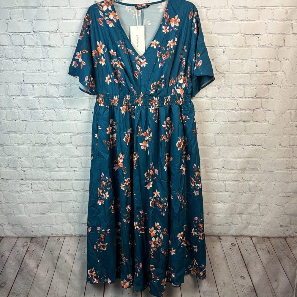 BloomChic Teal Floral V Neck Flutter Sleeve Pocket Dress Plus Size 2X - Picture 2 of 6